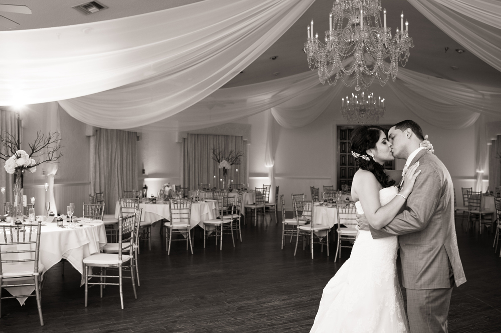 Custom event draping in white chiffon by W Drapings FL for a wedding reception at Highland Manor Apopka. Photo by Laura Yang Photography.